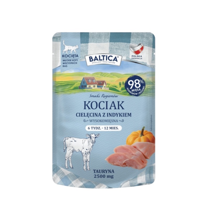 Baltica Smaki Regionów Junior Cielęcina z indykiem 100 g - pełnoporcjowa mokra karma dla kociąt w saszetce